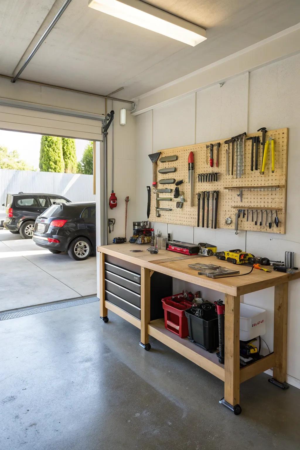 A foldable workbench provides versatility for both tasks and storage.