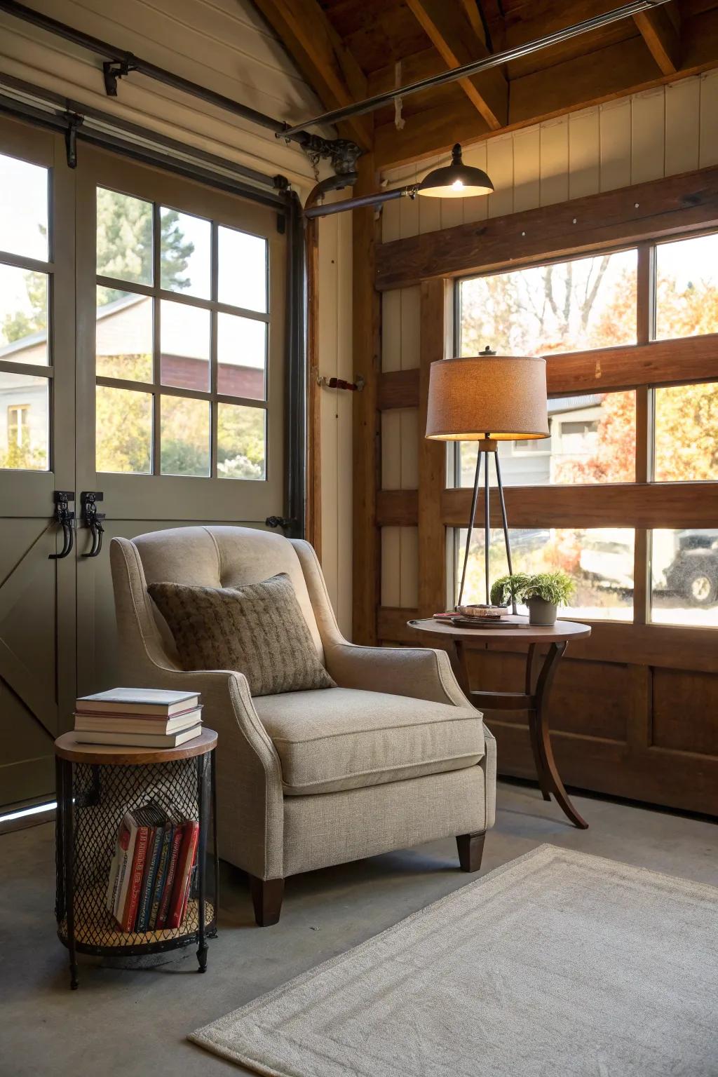 A cozy seating area adds balance and comfort to your garage office.
