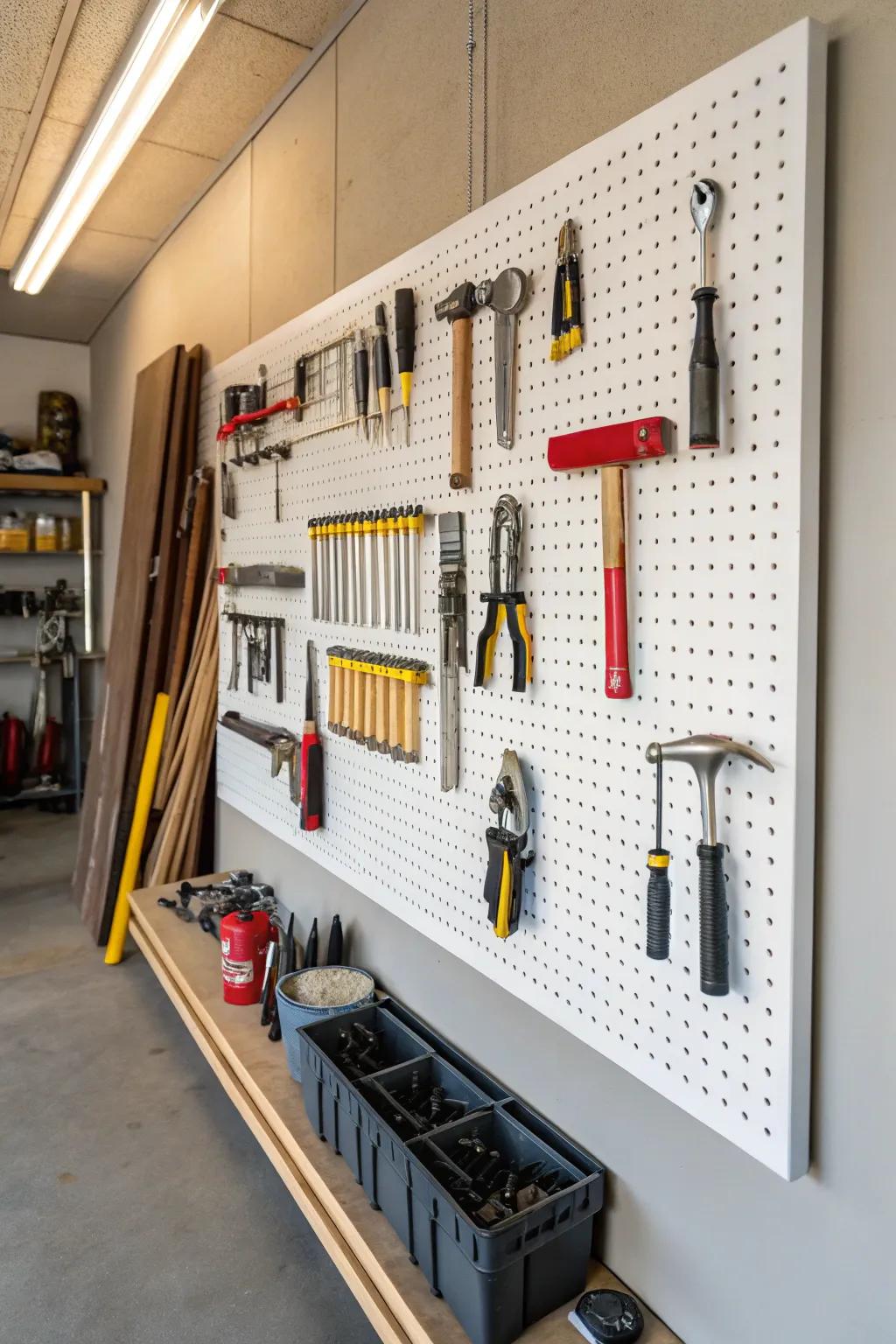 Keep your tools accessible with a perforated board arrangement system.