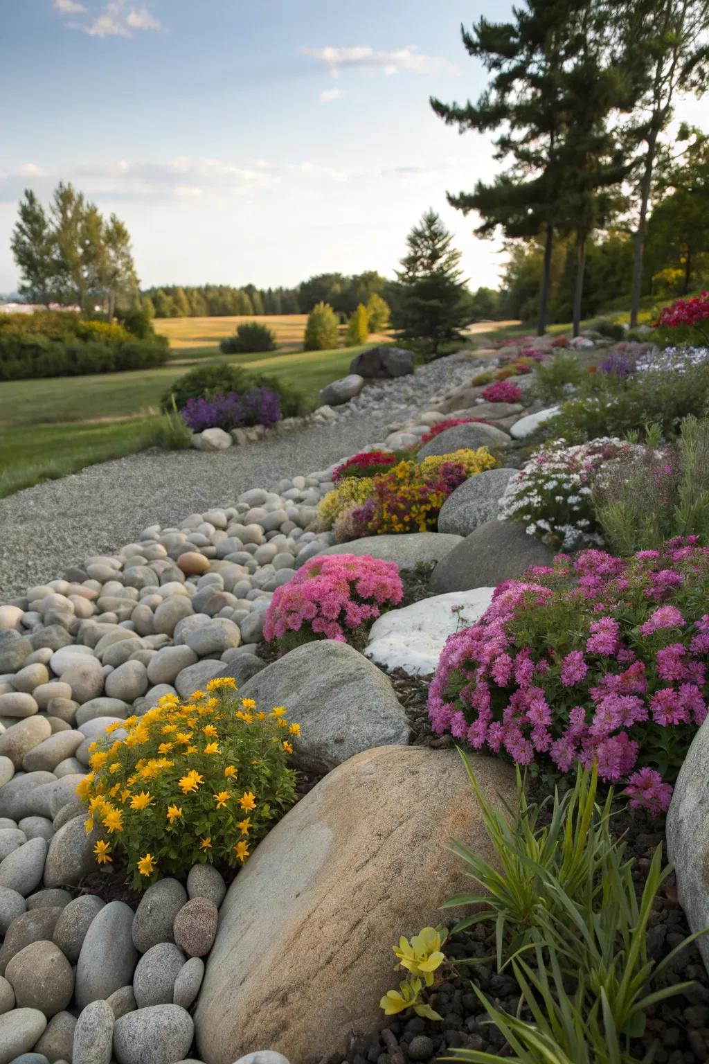 Incorporate stones for a textured and natural garden edge.