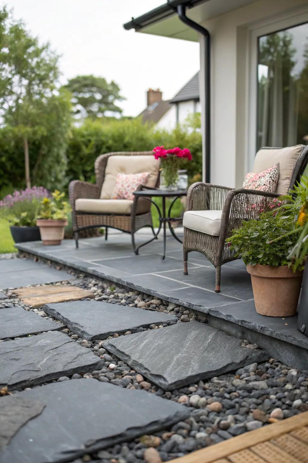 Unwind in style within a patio space elevated by sleek stone fragments.