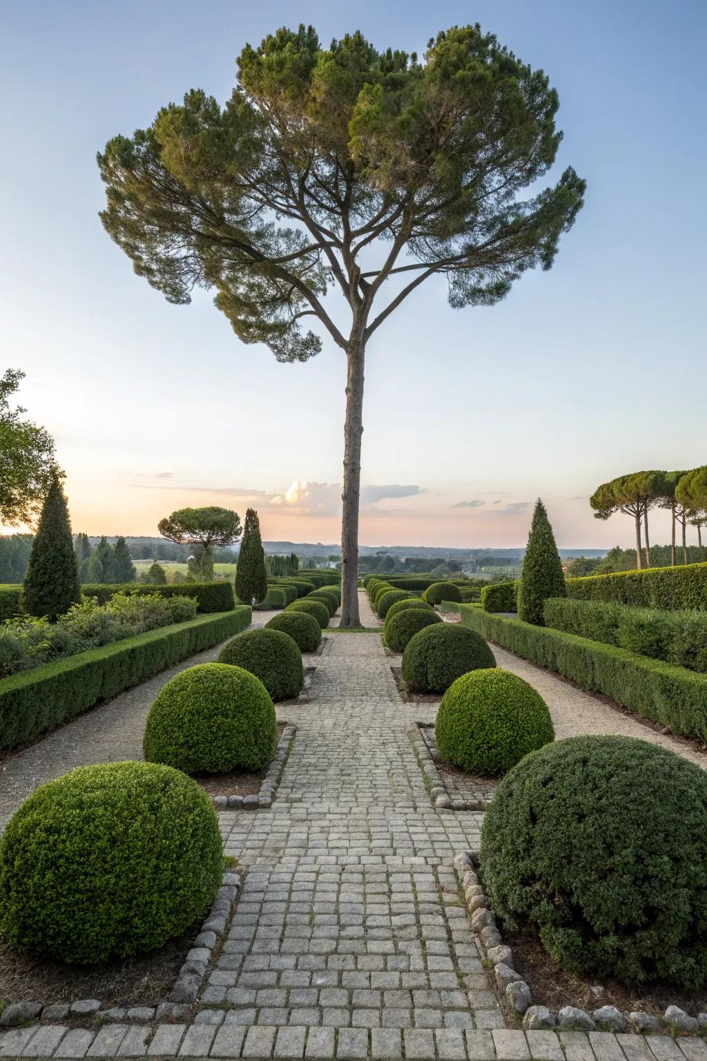 Symmetrical plantings surrounding a tree, providing a neat and organized aesthetic.