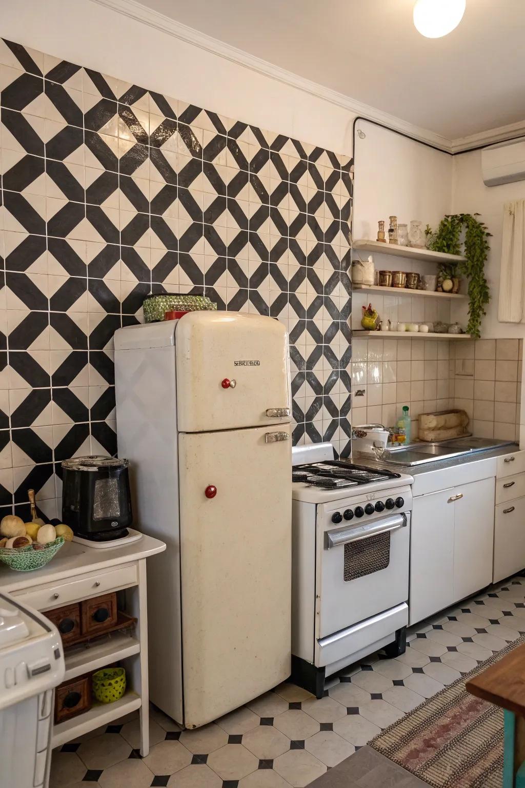 A kitchen showcasing a playful black and white checkerboard geometric wall.