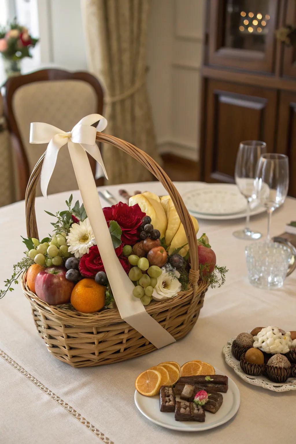 A gift basket adorned with stylish ribbons and ties.