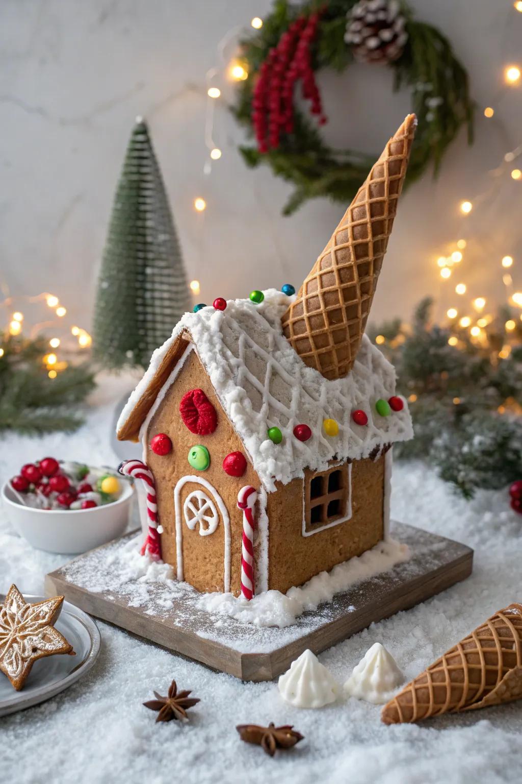 Honeycomb cones add a unique architectural flair to gingerbread house roofs.