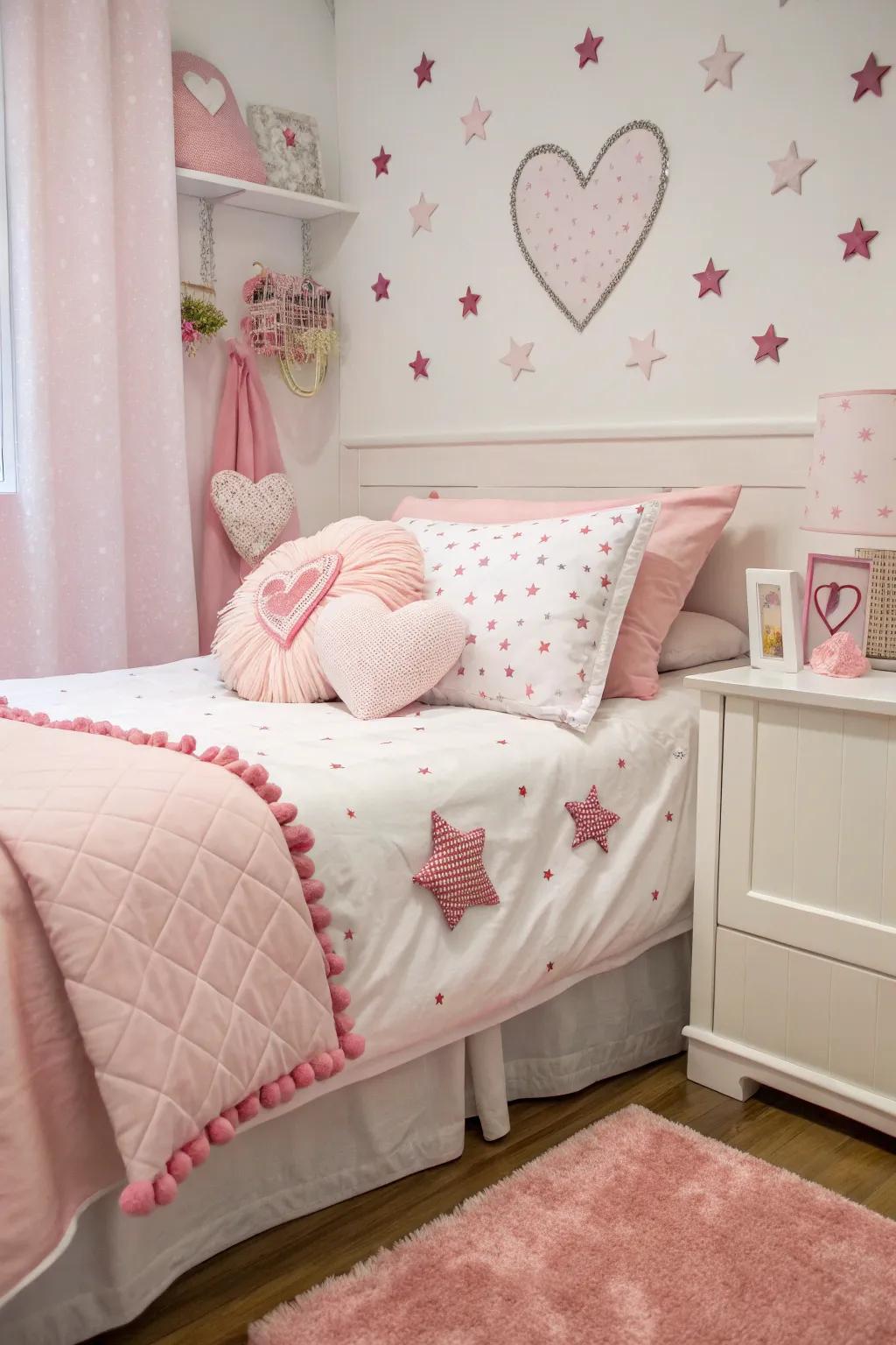 Heart and star-shaped pillows add comfort and a touch of whimsy.
