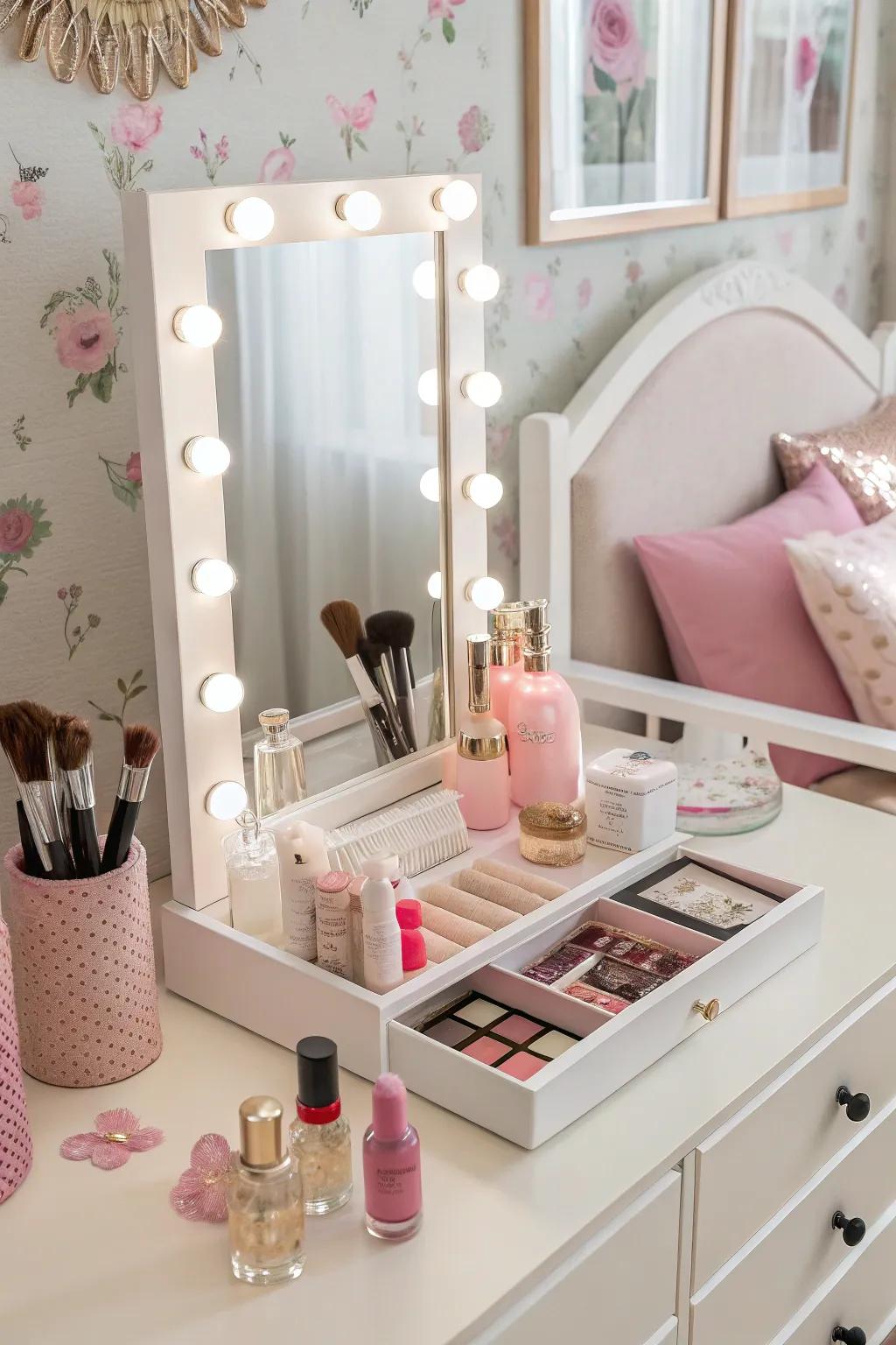 A chic grooming area that's both utilitarian and fashionable.
