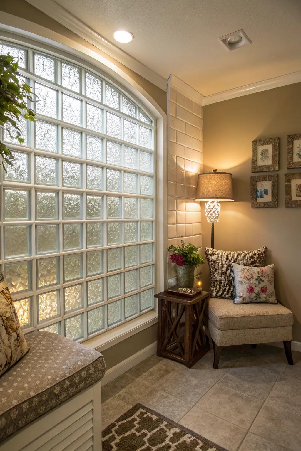 A secluded interior nook featuring a glass block wall, which provides privacy and a cozy, light-filled atmosphere.