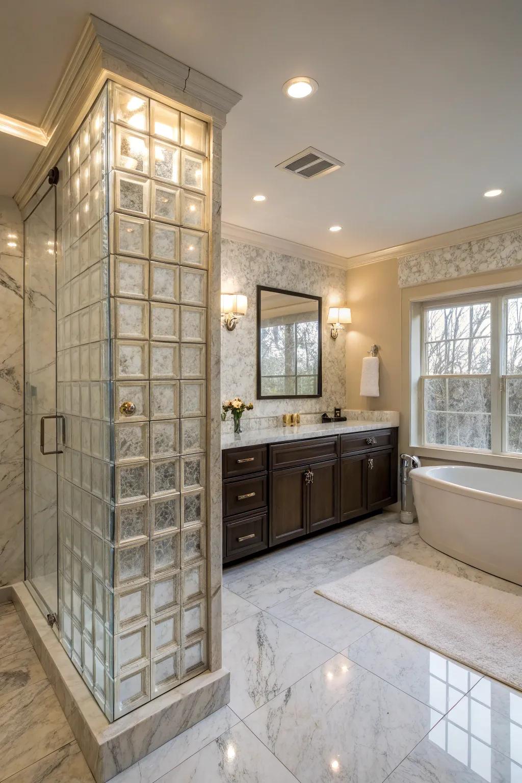 A luxurious shower enclosure constructed from glass bricks.