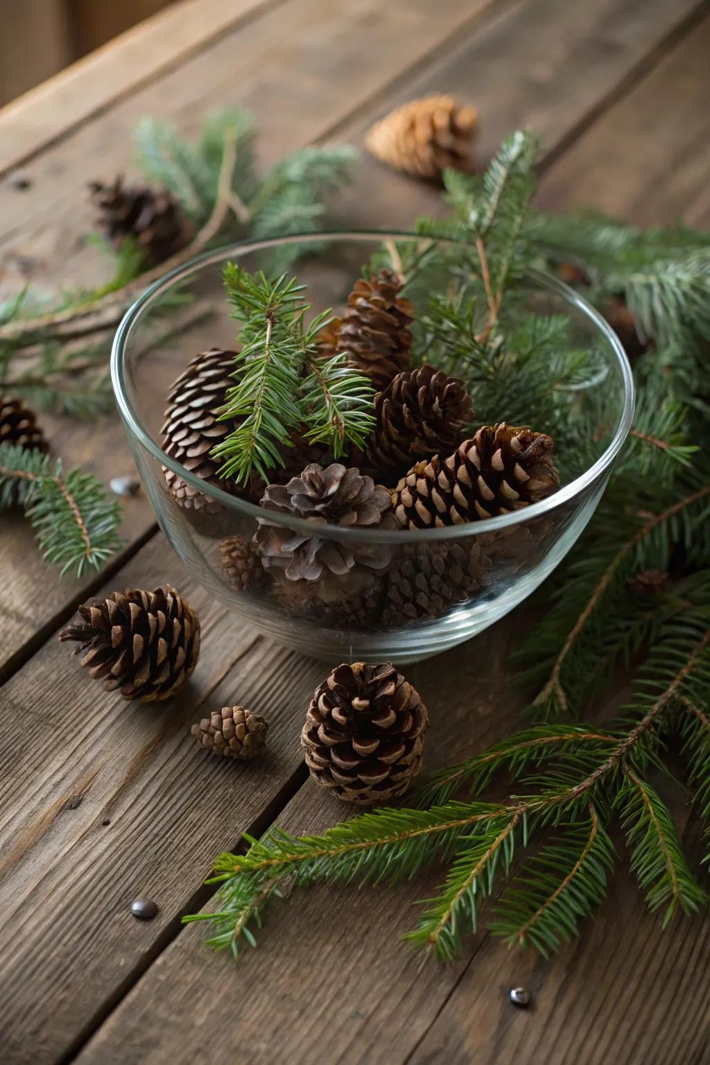 Unspoiled constituents like conifer cones and verdure showcased in a clear vessel.