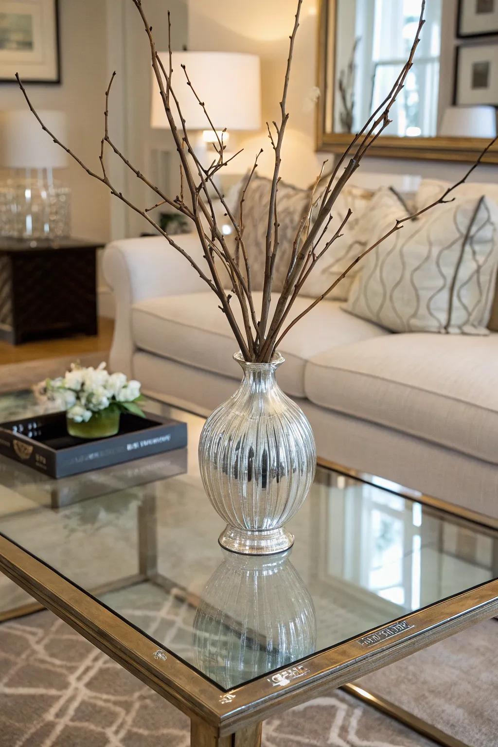 A receptacle adds both functionality and style to a glass coffee table.