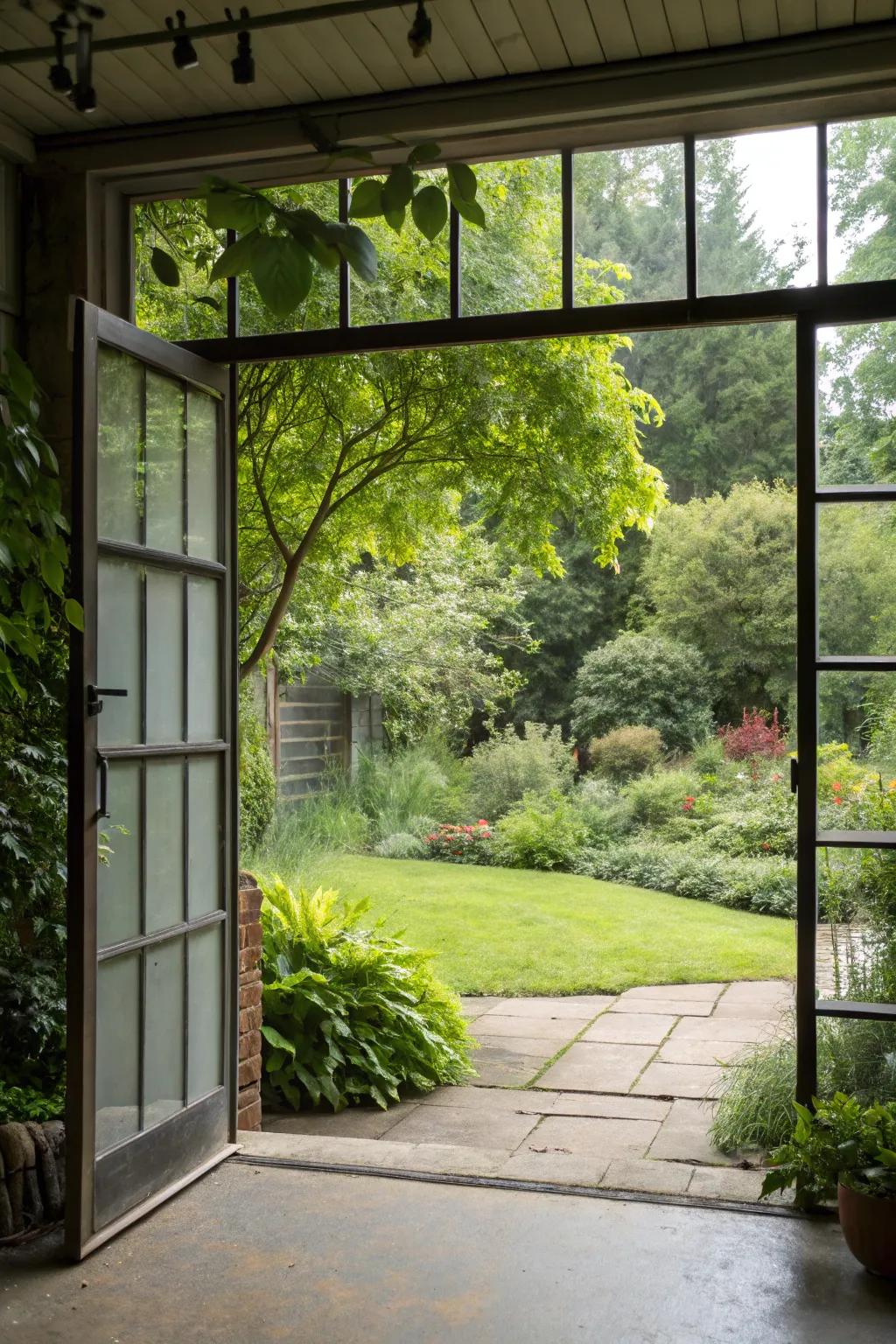 A home beautifully merging with greenery through a glass garage door.