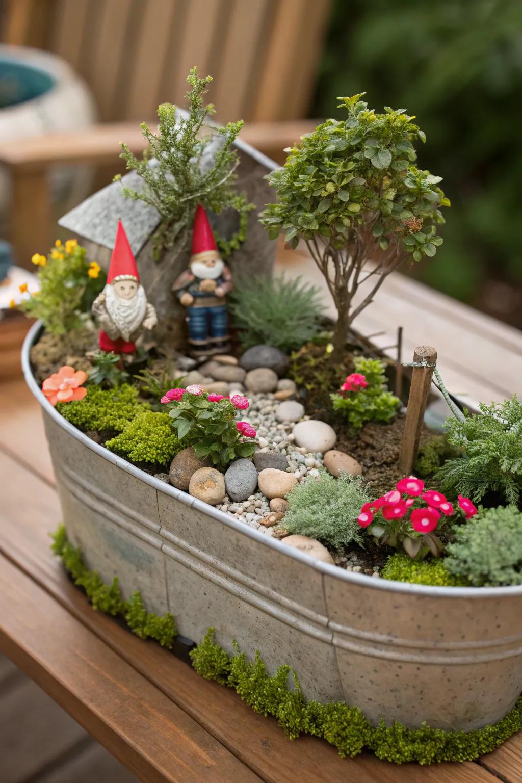 A portable gnome garden contained within a repurposed cart.