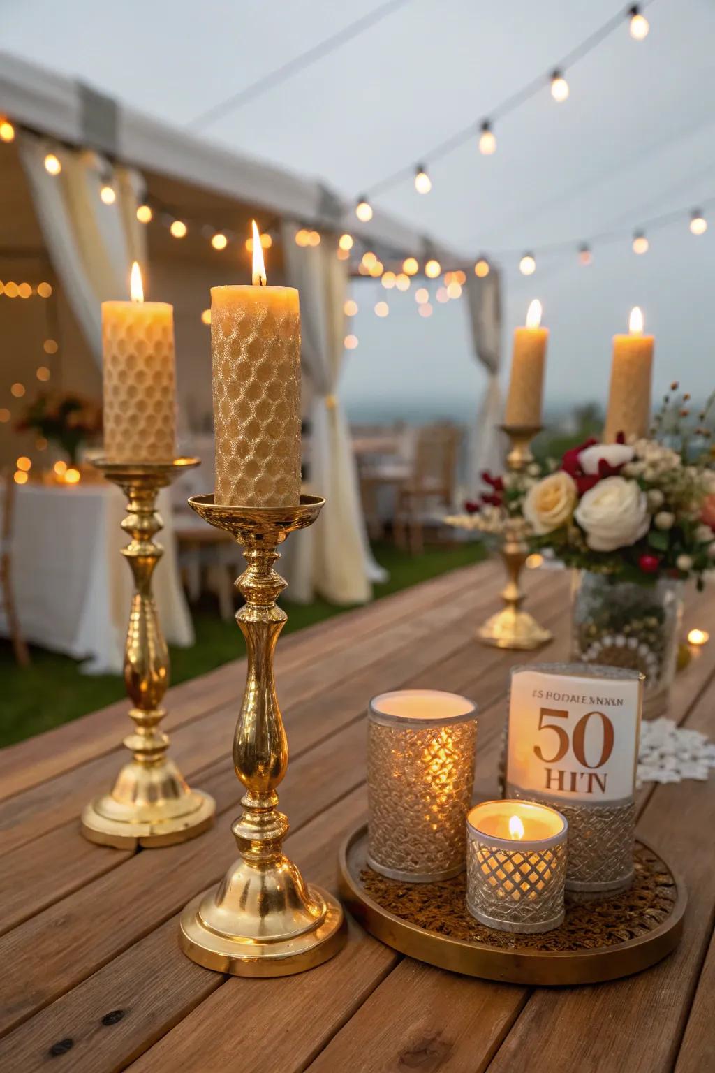 Gold candle vessels foster an inviting, warm ambiance.