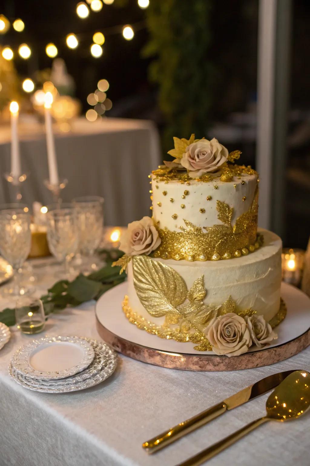 A golden cake constitutes an amazing centerpiece for the birthday celebration.