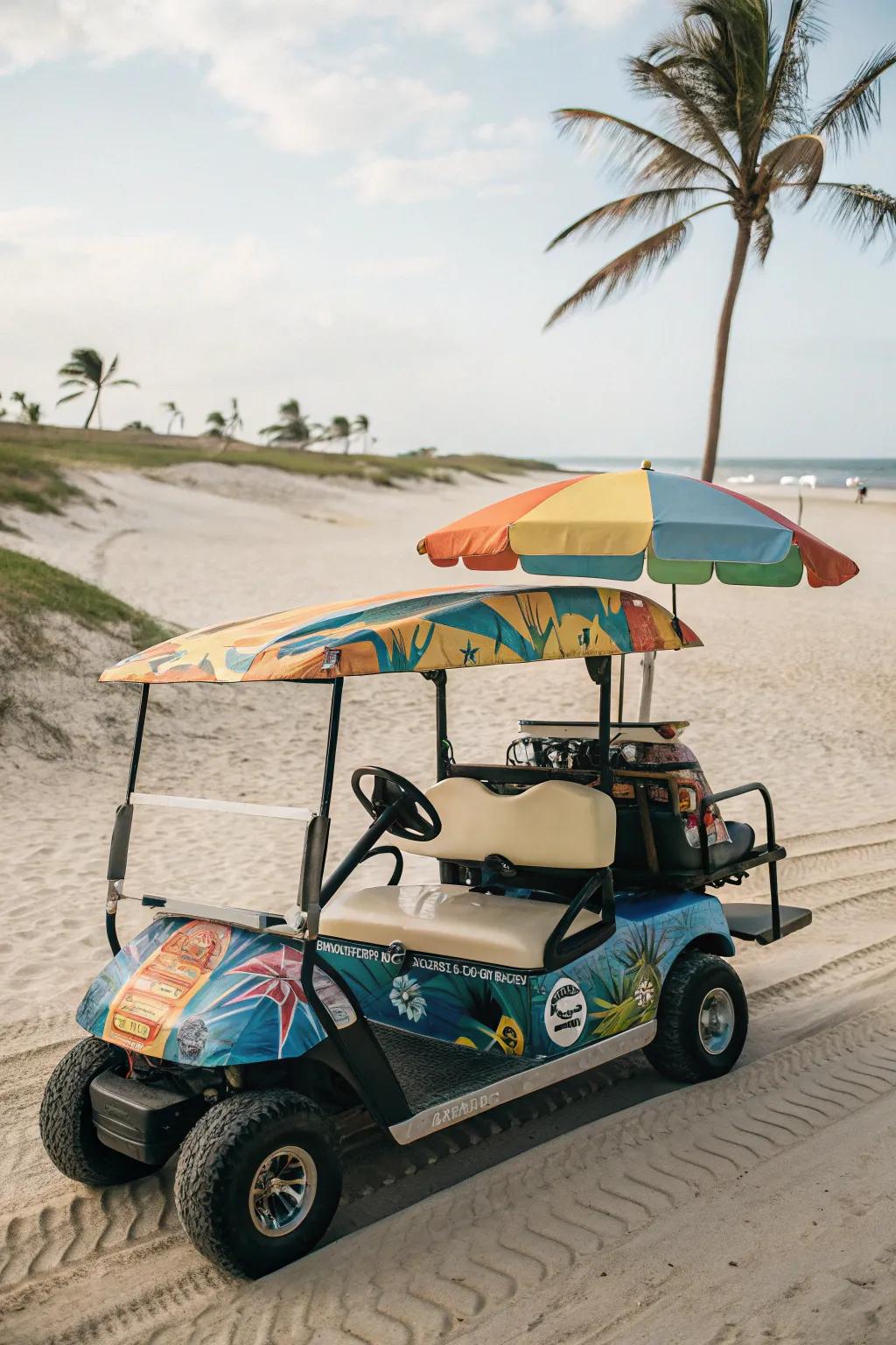 Construct a seaside escape using isle-themed golf cart trimmings.