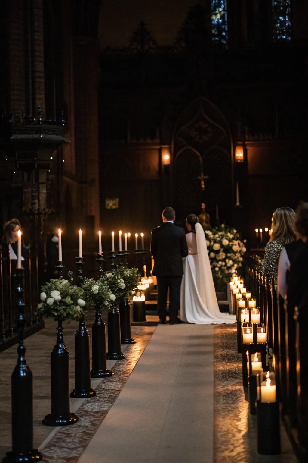 A candlelit gothic wedding ceremony showcasing shadowy narrow candles.