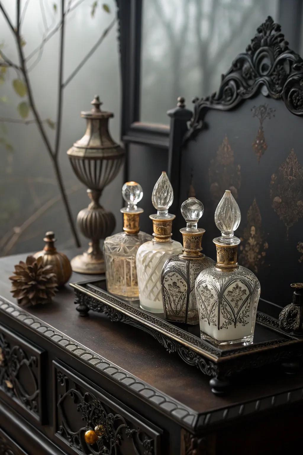 Ornamental aroma bottles introduce charm and elegance.