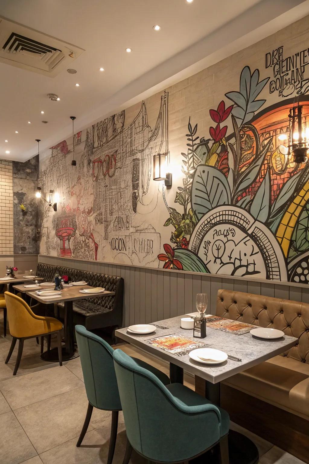 Elaborate urban illustrations adding flair to a dining space
