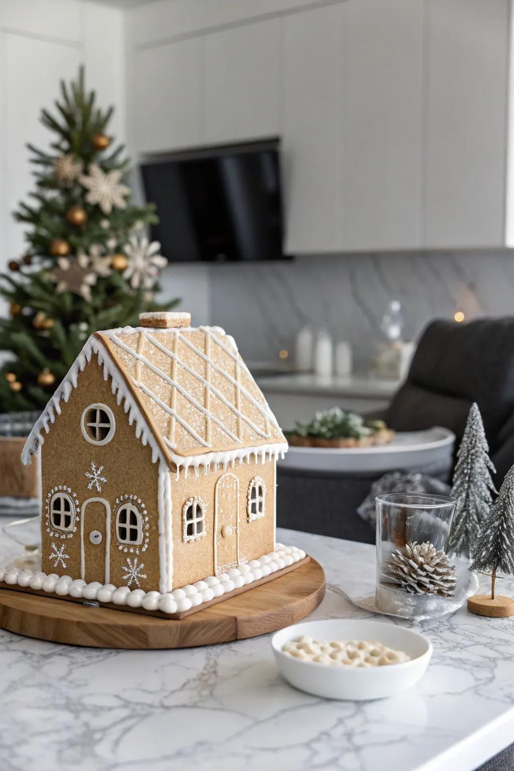 Contemporary understated gingerbread house displaying chic simplicity.