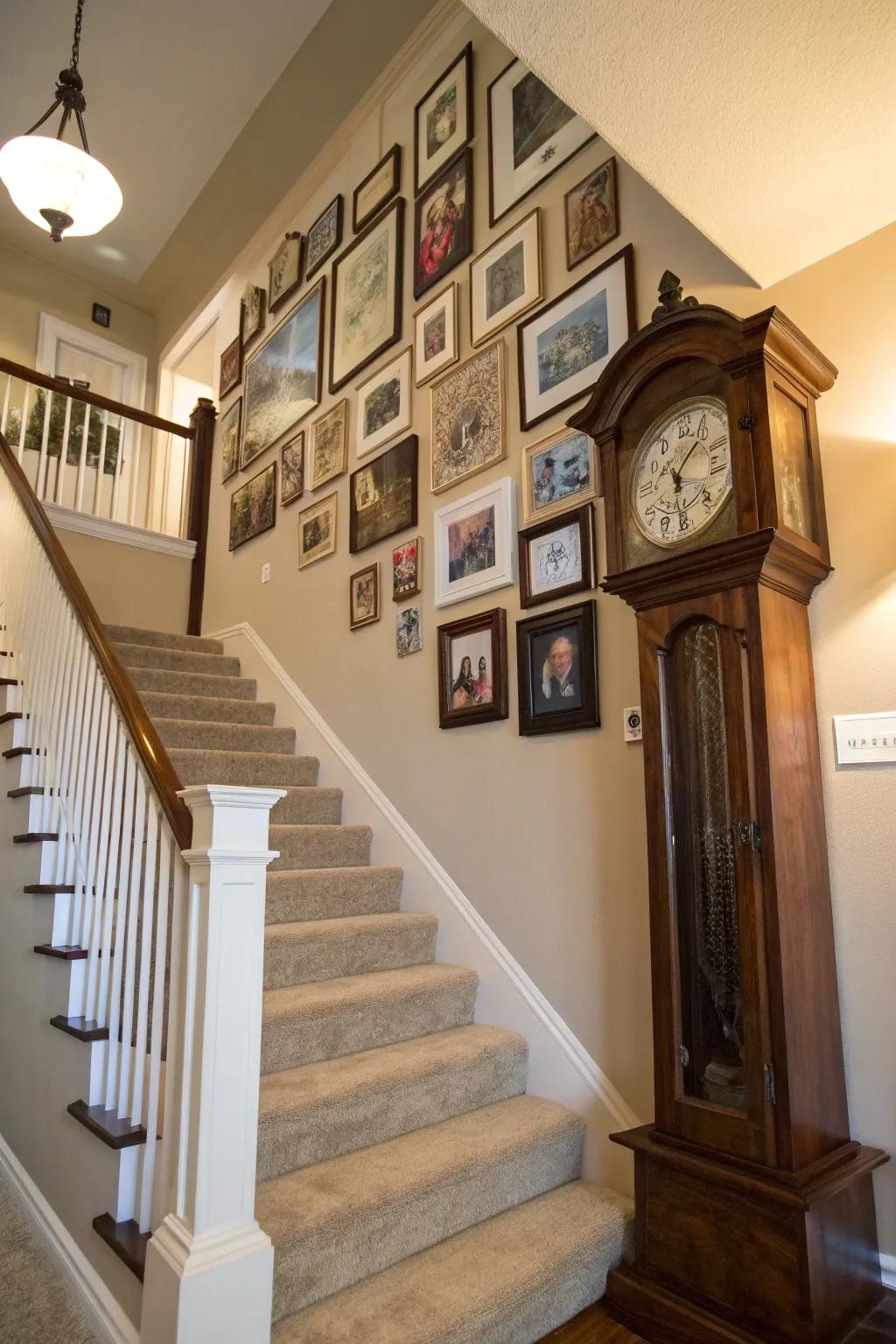 A tall case clock makes a focal point at the bottom of a staircase.
