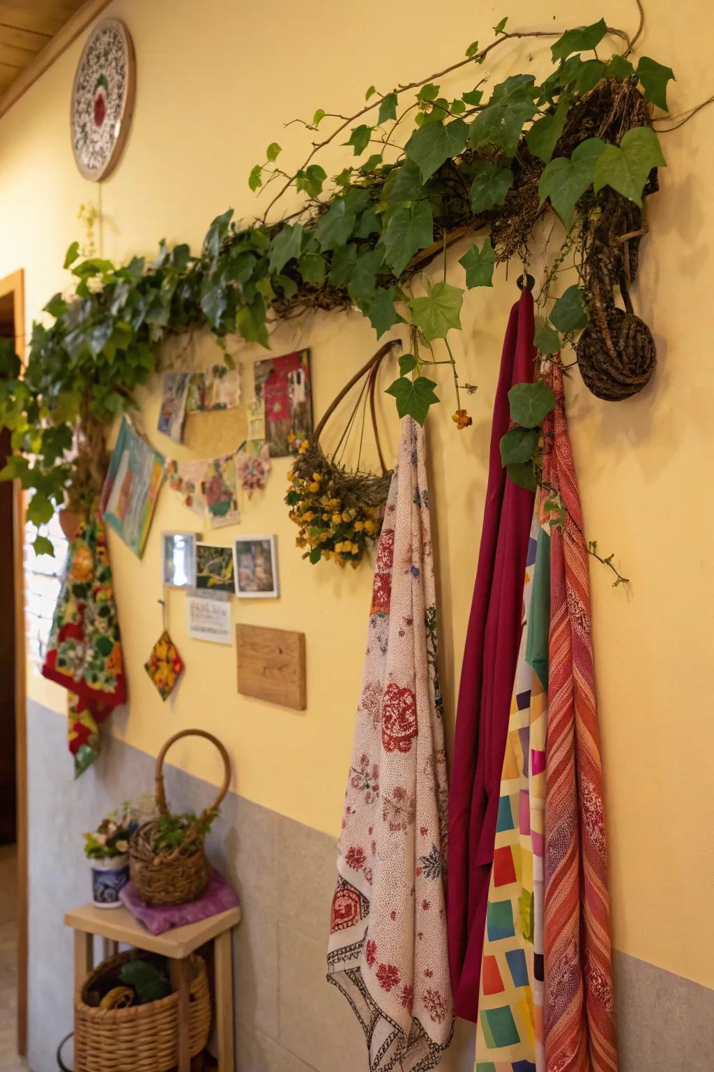 An artistic grapevine arrangement fashions an eclectic wall feature.