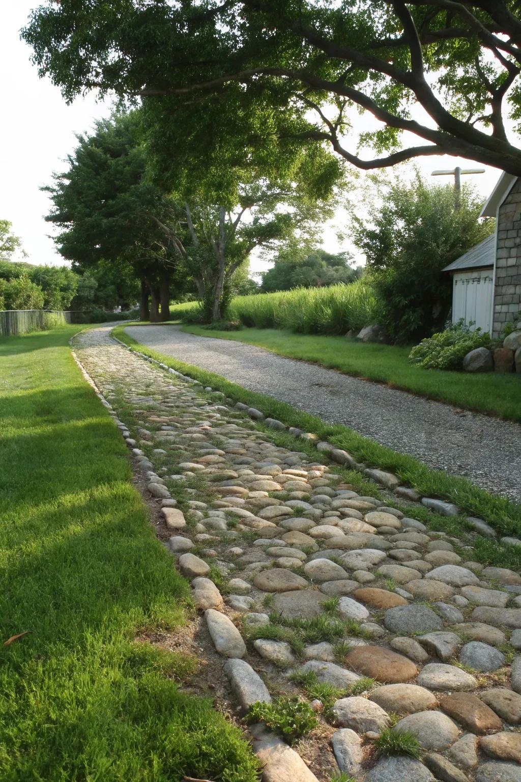 A rustic driveway that combines natural rock with lush turf.