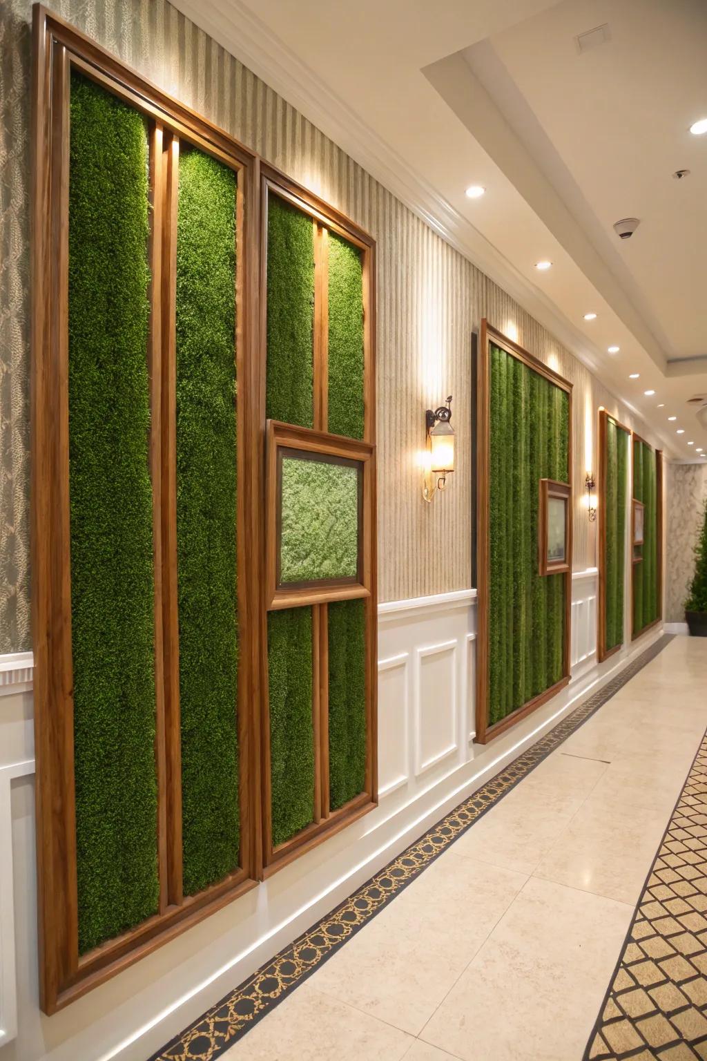 Timber casings contribute configuration and refinement to a grass wall, augmenting its contemporary allure.