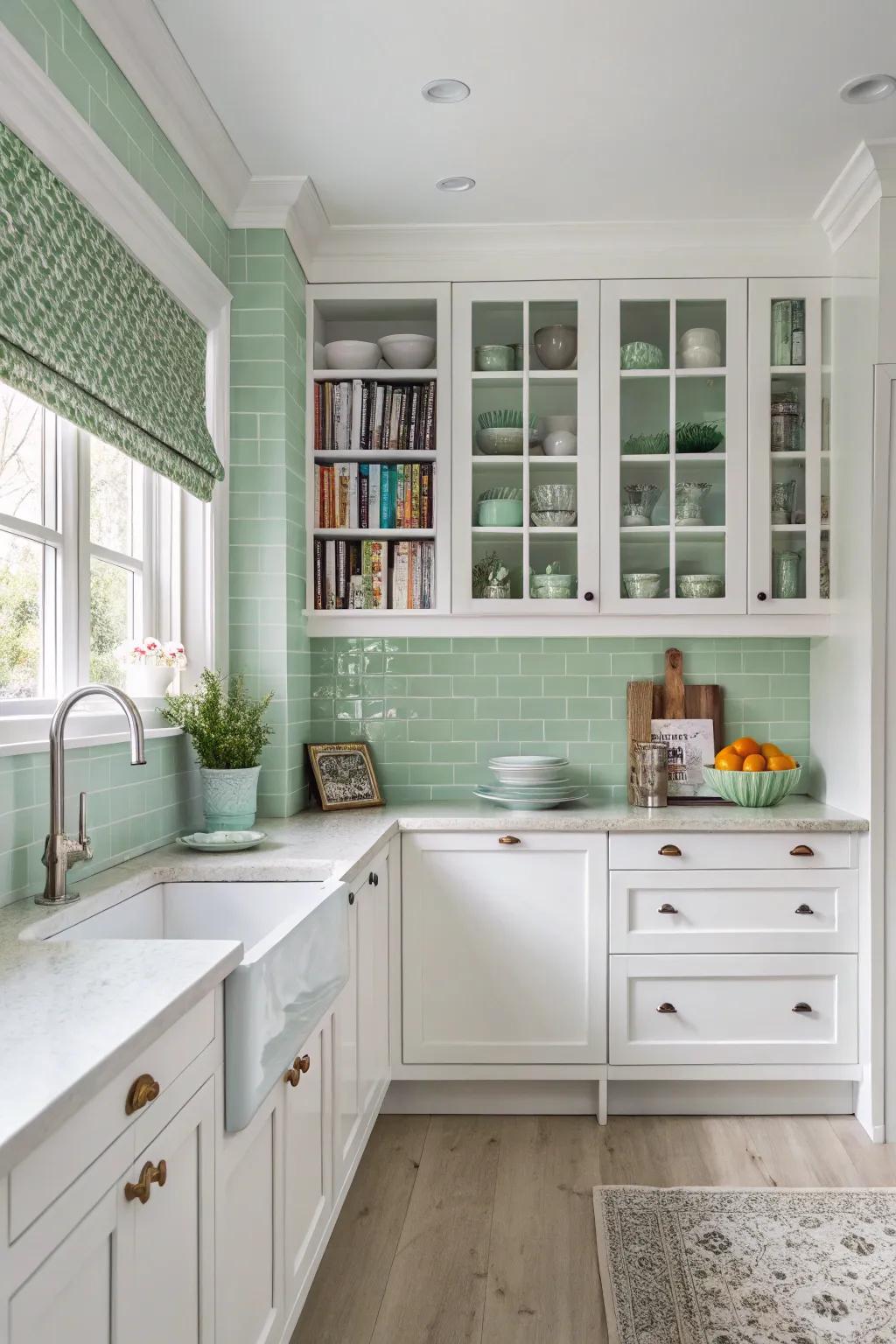 Pale green walls brighten this modern cooking space.