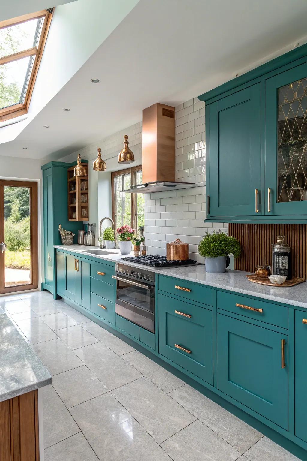 Unique kitchen featuring teal cabinets and stylish copper accents.