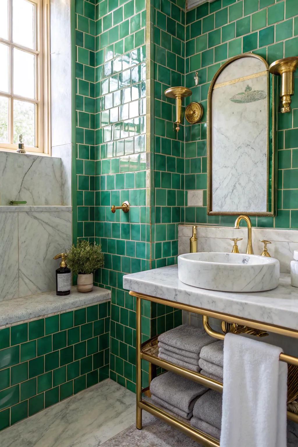 Combining materials like brass and marble with green tiles adds elegance.