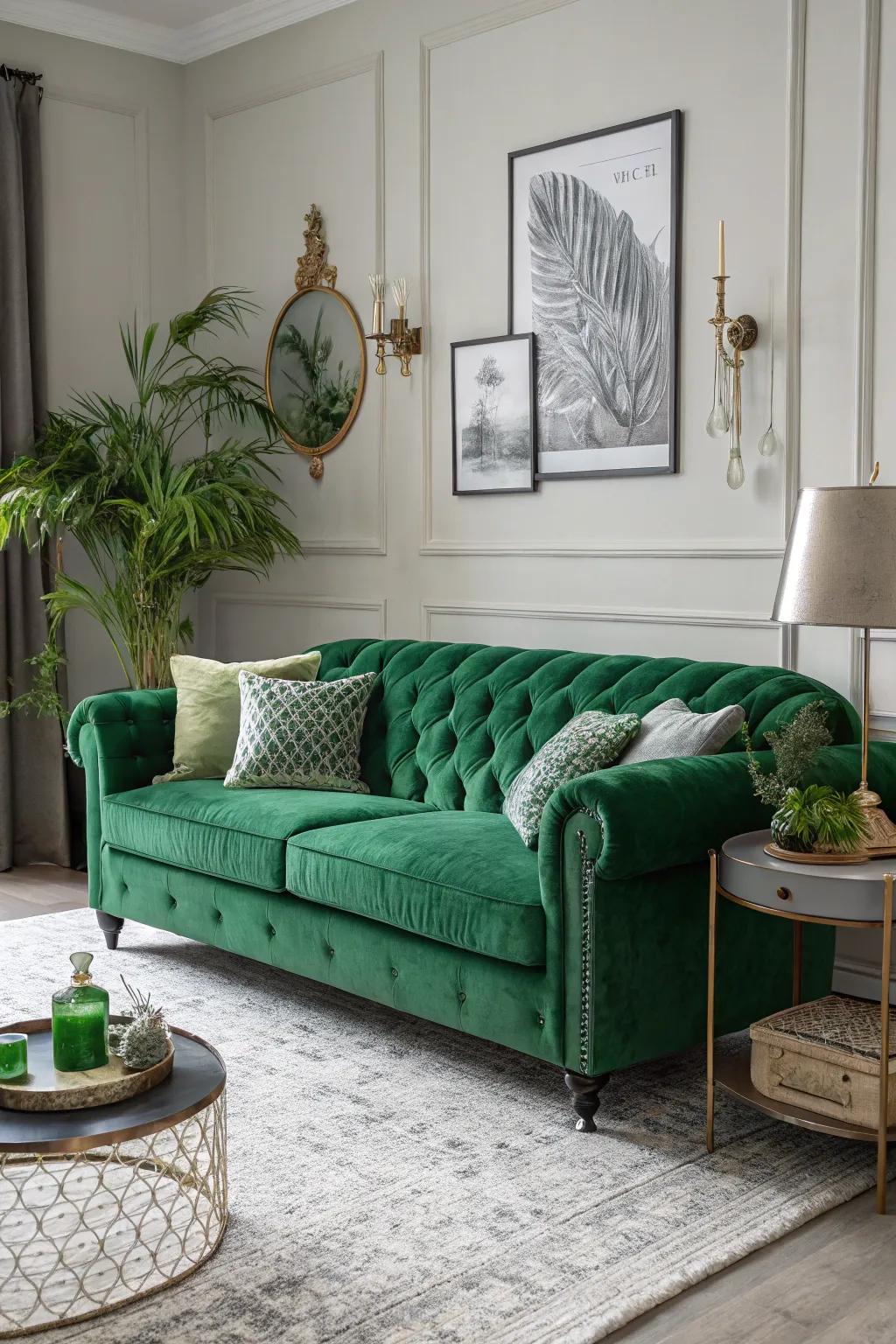 A refined monochromatic family room with layered verdant tones.
