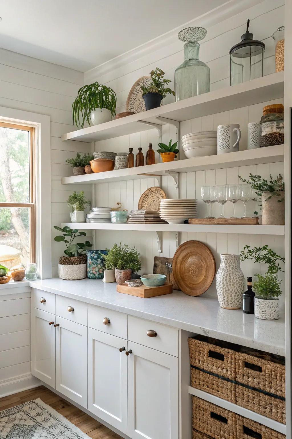 Understated open storage featured in a grey and white kitchen