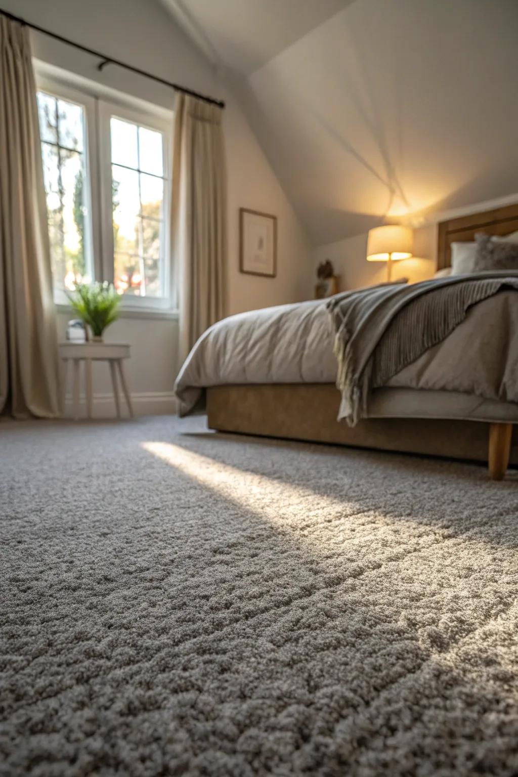 This textured grey carpet enhances the room's dynamics through its attractive design.