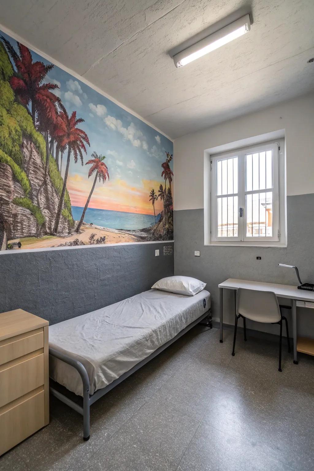 A wall mural constitutes a noteworthy focal segment.