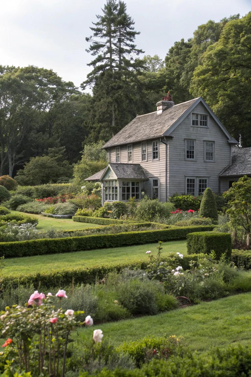 Abundant greenery wonderfully enhances a grey exterior, crafting an inviting atmosphere.