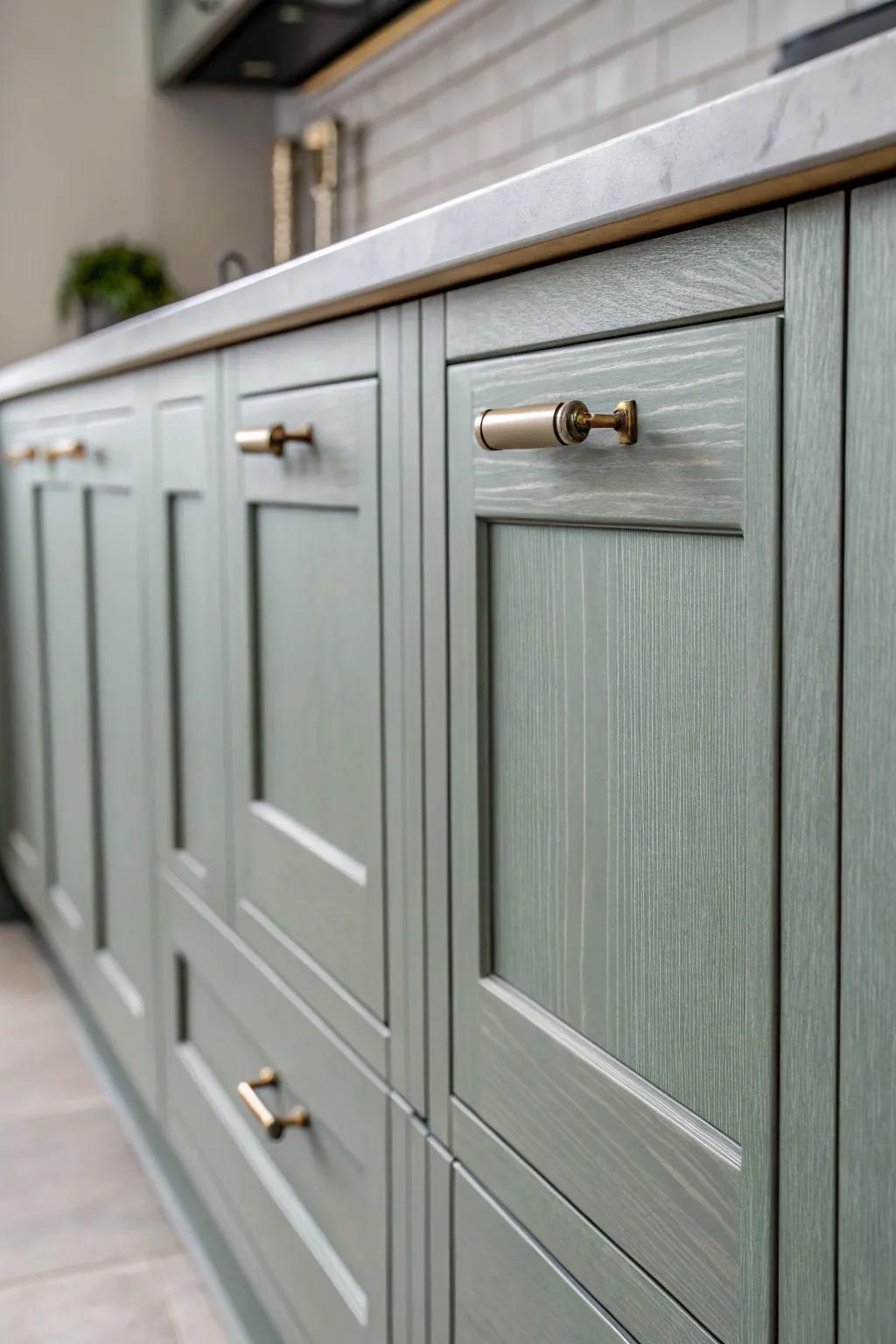 Understated fixtures accentuate the sleek layout of grey-green cabinets.