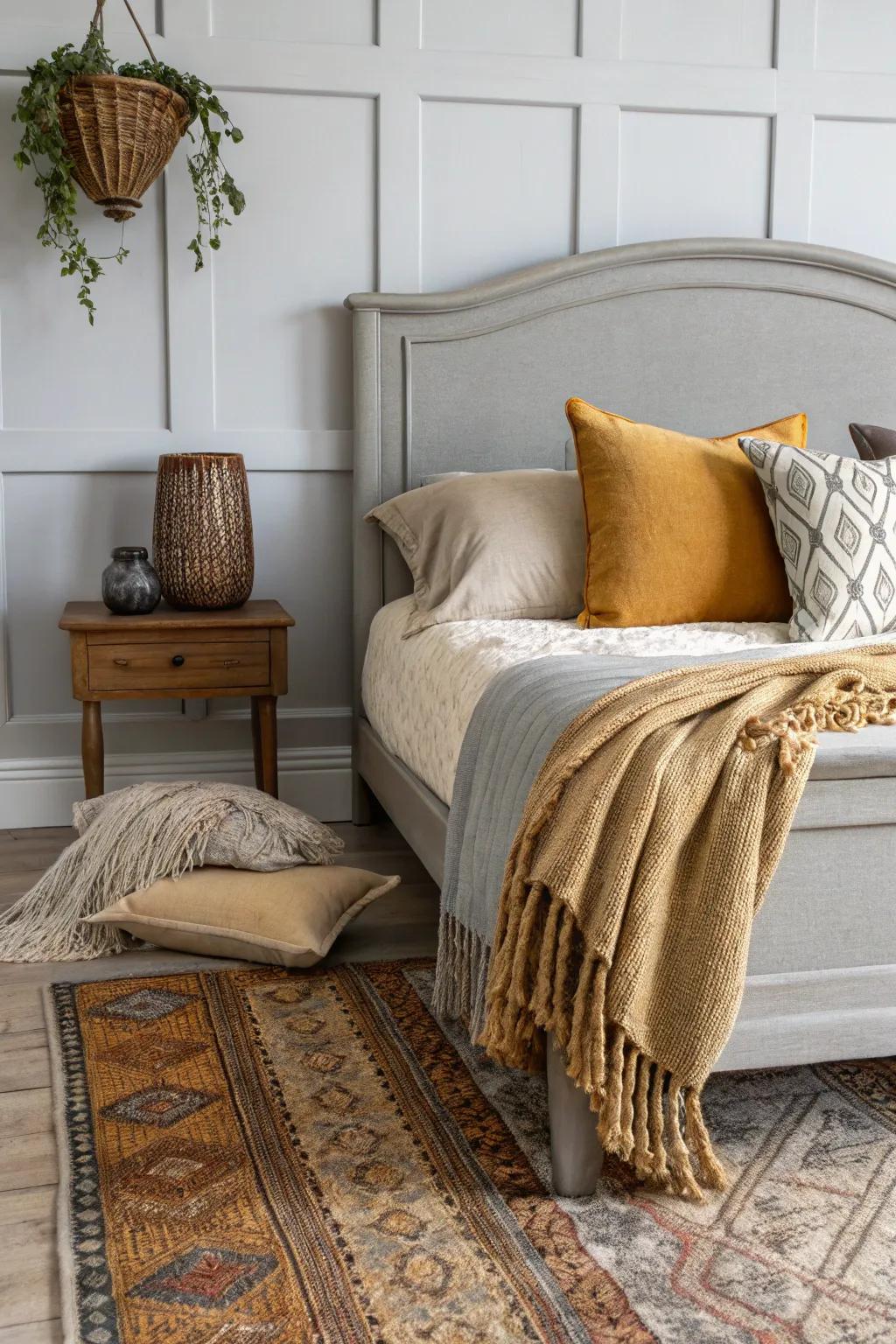 A cozy and inviting bedroom that includes a slate-toned headboard and comfortable accessories.