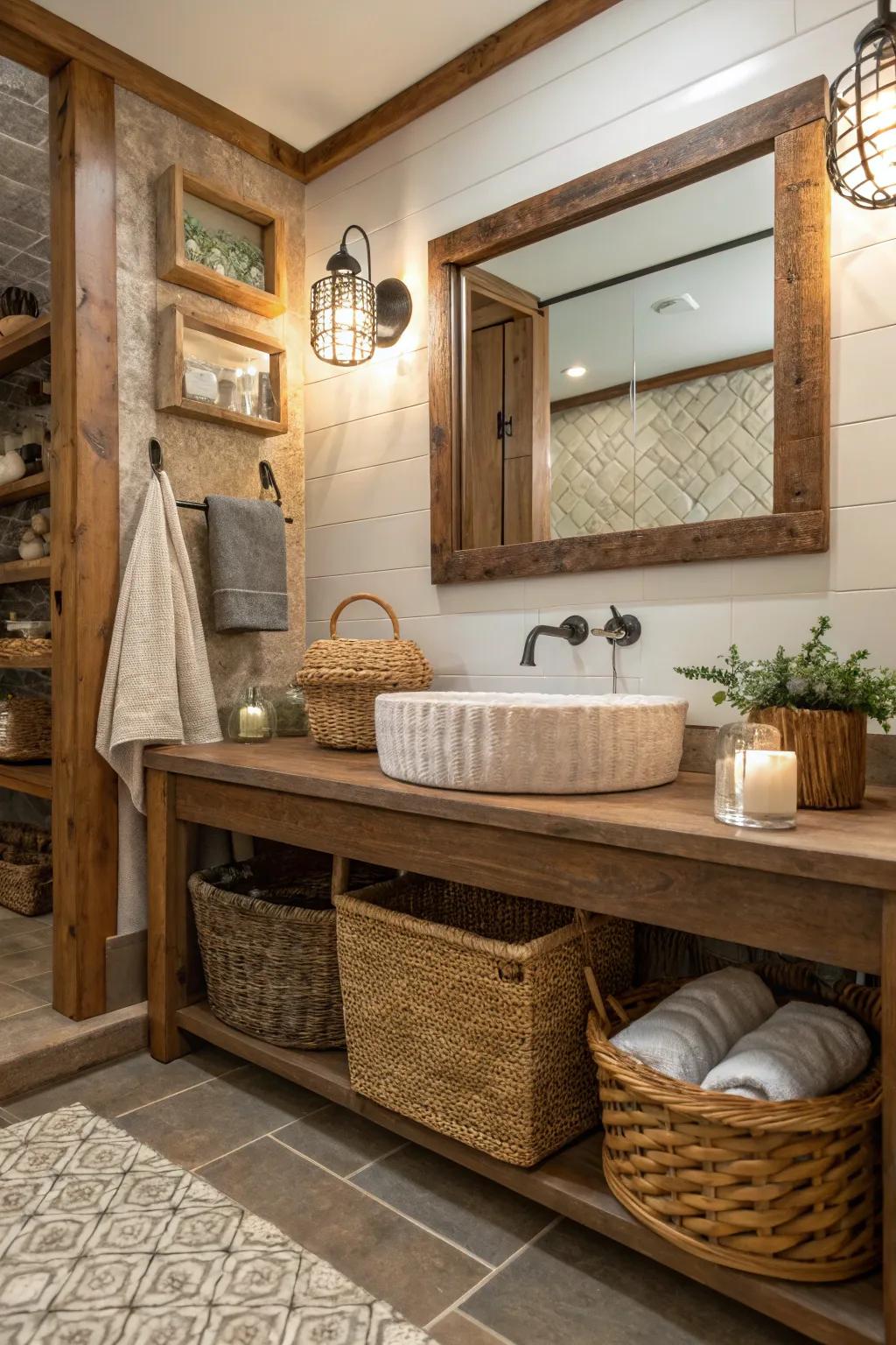 A guest bath showcasing tactile elements such as woven bins and wood details.