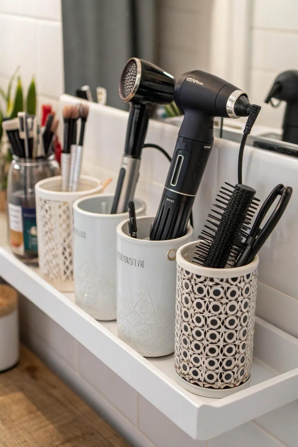 Elegant self-supporting containers designed for upright storage of hair instruments.
