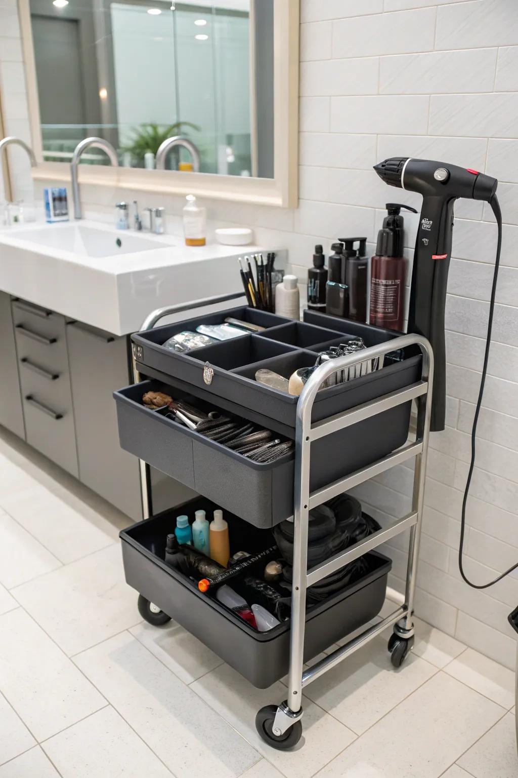 A versatile rolling cart keeps hair products organized and easily movable.