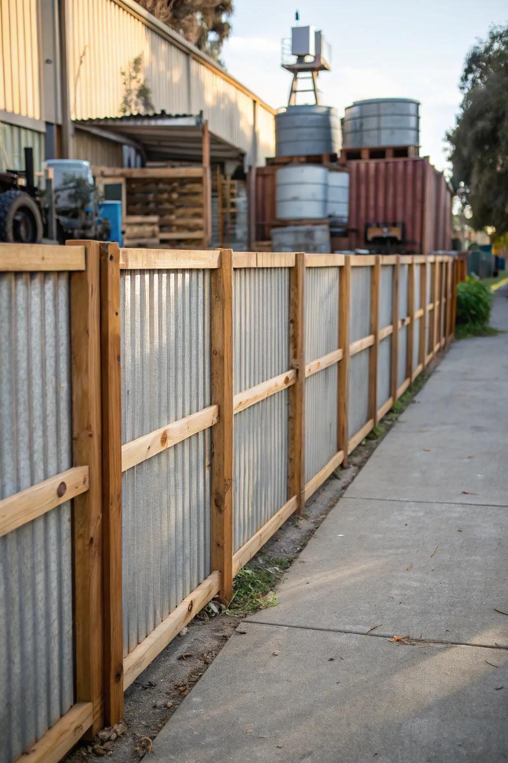 An industrial-chic garden fence composed of metal and wood.