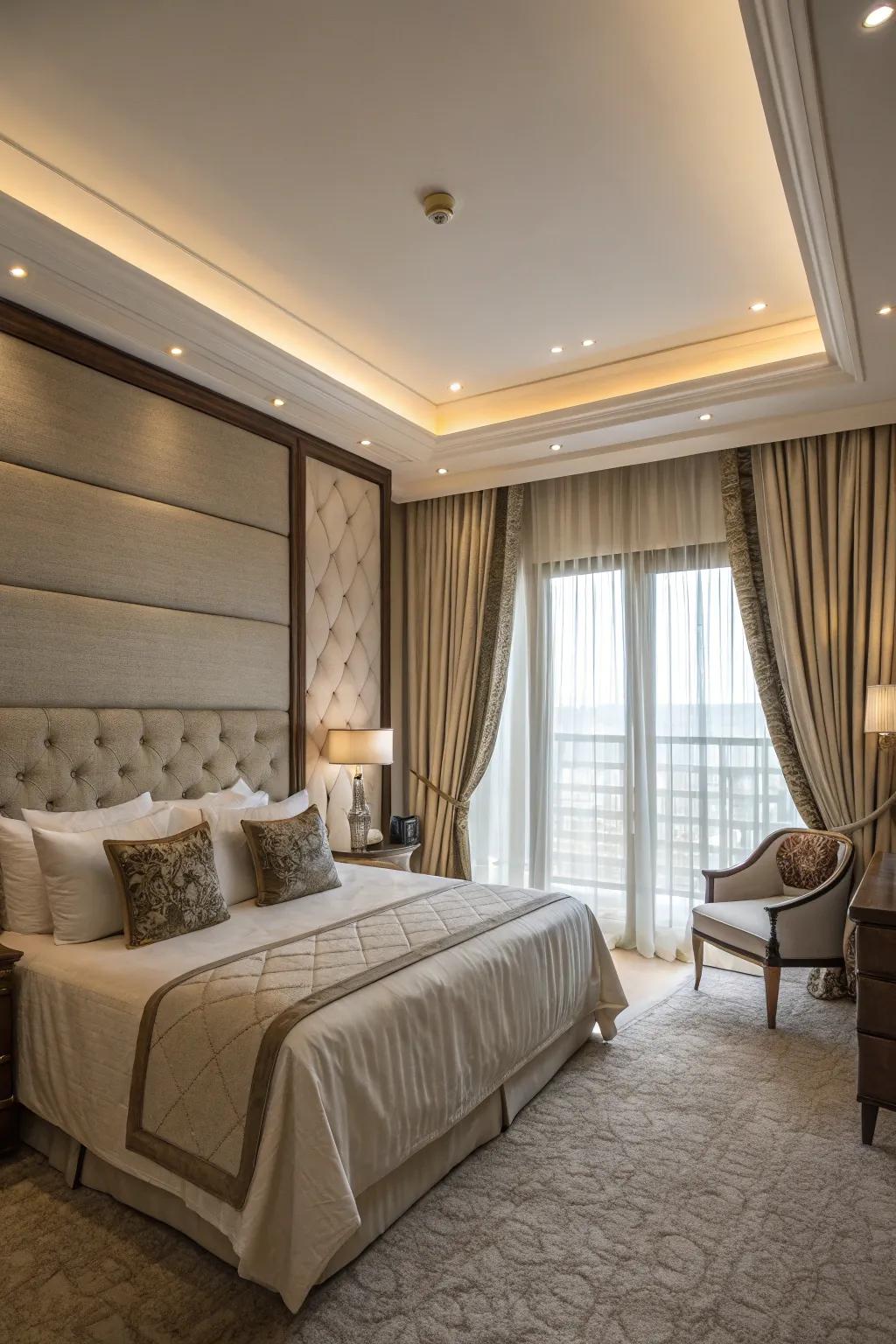 Lavish bedroom featuring layered coverings and drapes.