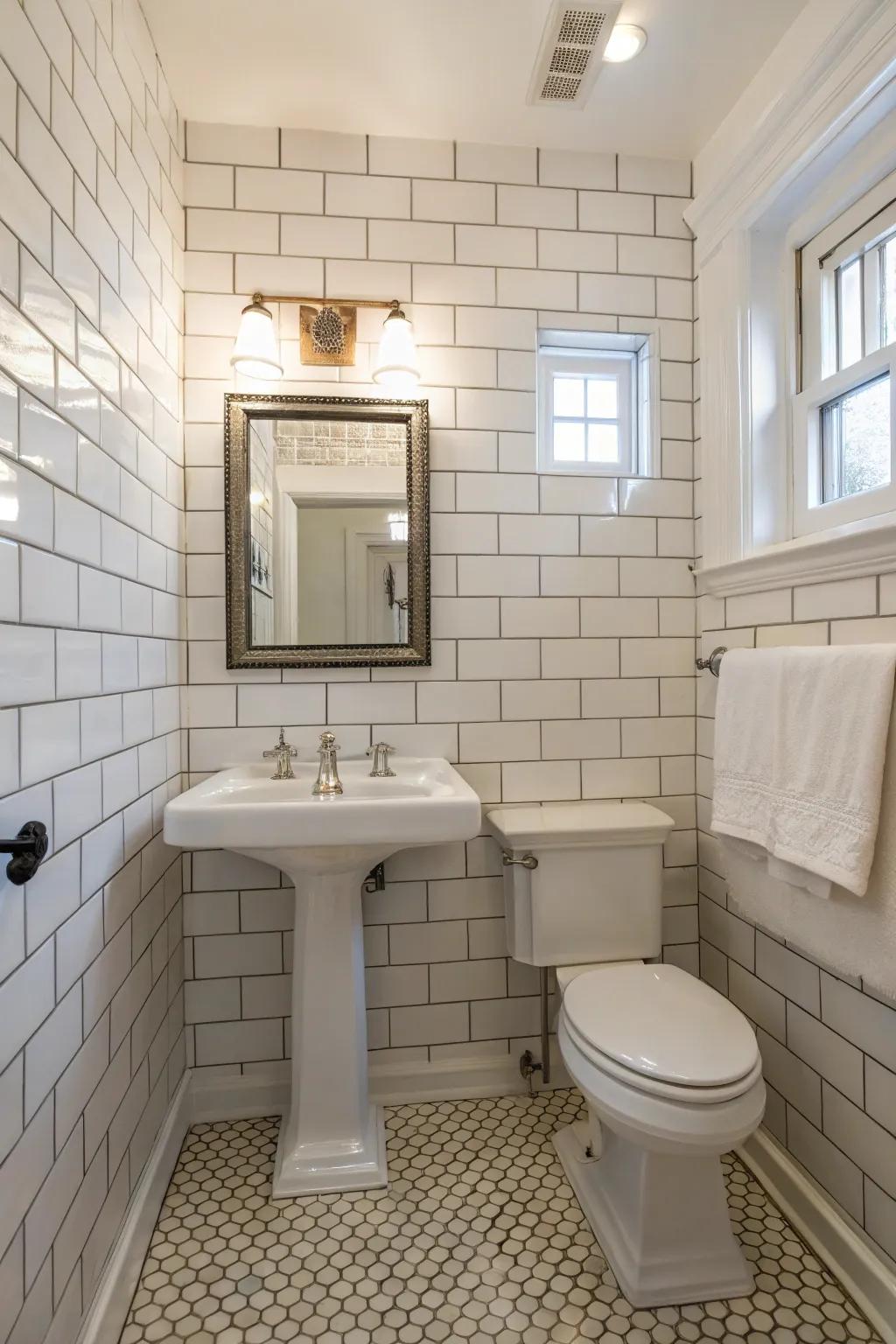 Rectangular tiles provide a timeless and tidy appearance to a guest bathroom.