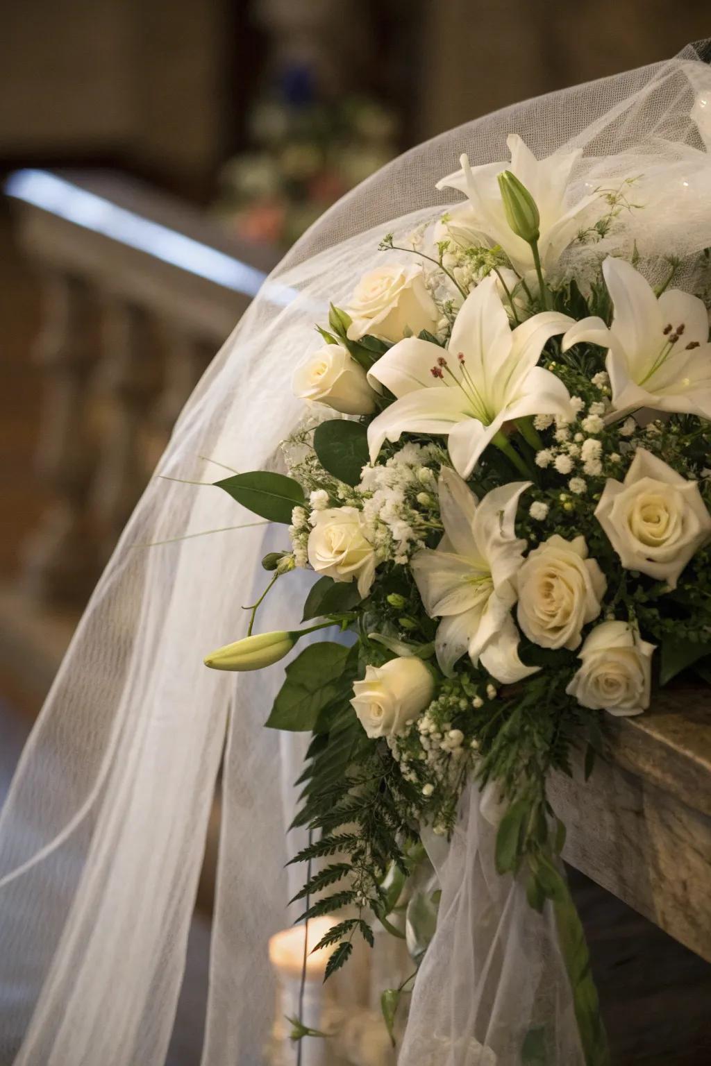 Ivory flowers establish a refined and ethereal ambiance for Halloween.