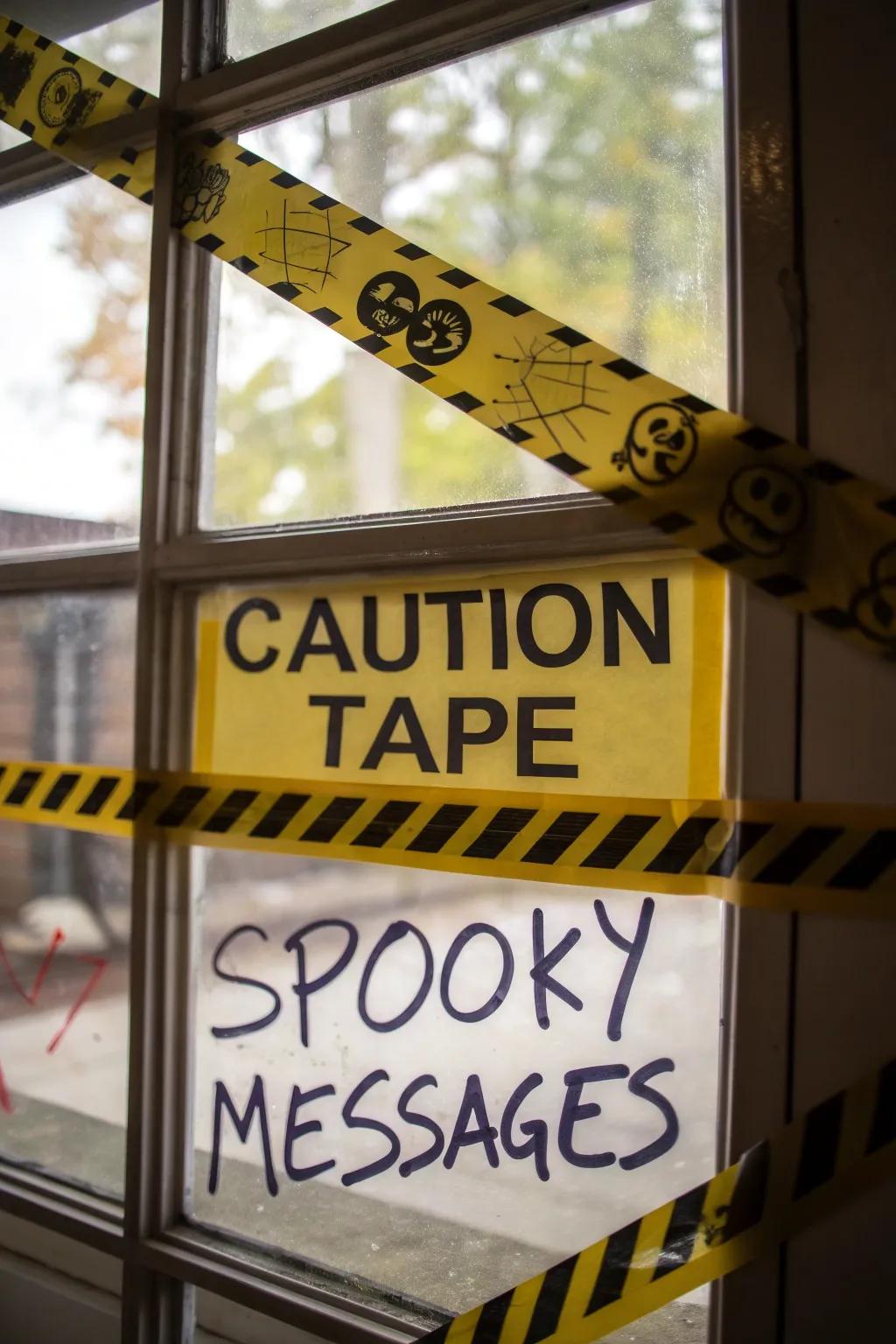 Warning ribbon-covered windows displaying eerie messages.