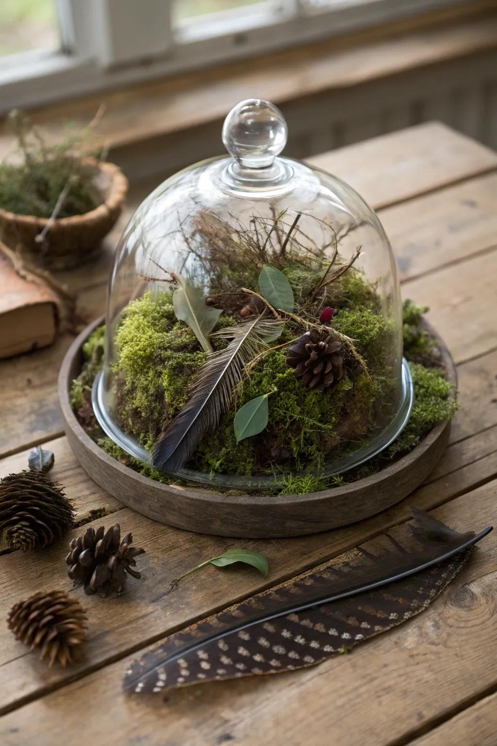 A display dome incorporating organic constituents for a forest-esque atmosphere.