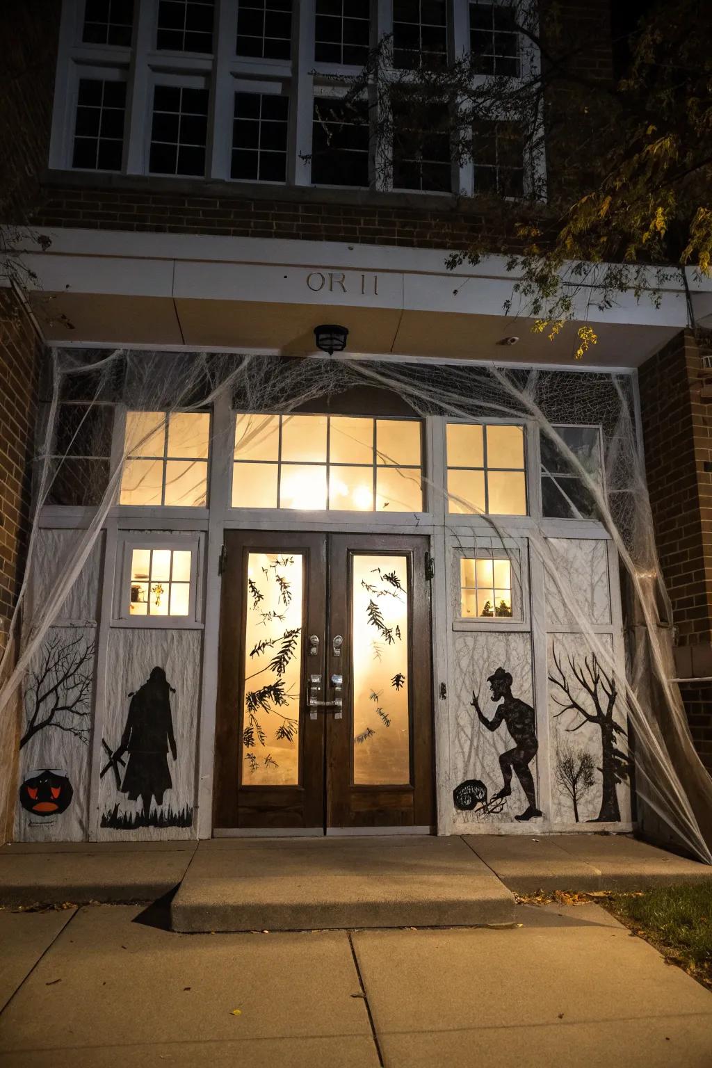 A doorway reimagined as a macabre dwelling, accompanied by radiant windows.