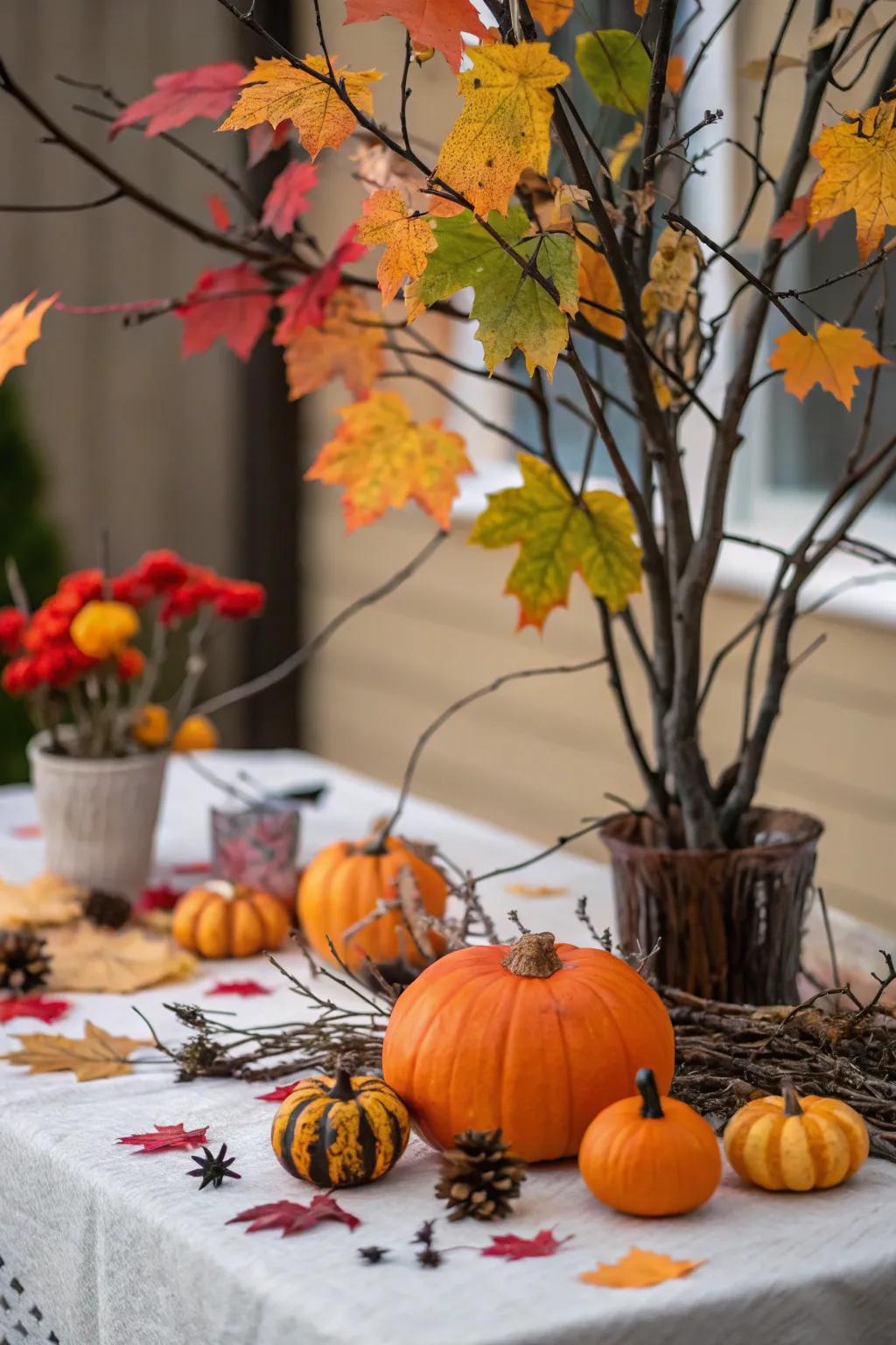 Harmoniously blended harvest and Halloween elements create a balanced, inviting space.