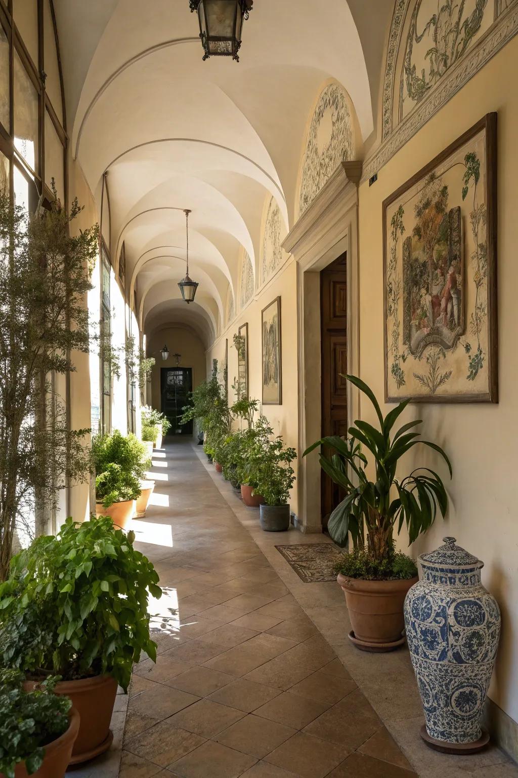 Plants and decor enhance the depth and vitality of hallway art.